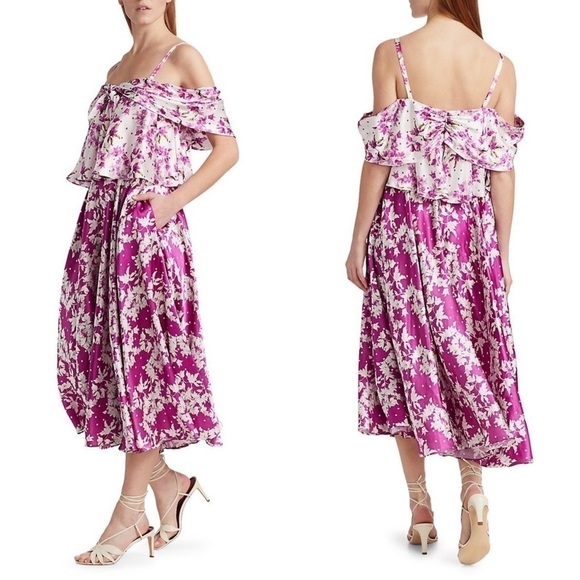AMUR Dress Off-The-Shoulder Popover Waist Floral Silk Flowy Midi Magenta 4 NWT - Picture 4 of 7
